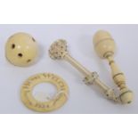 William IV ivory teething ring inscribed "Henry Welch 1834", 5.5cm diam.; ivory and marcasite set