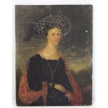 Early 19th Century School. Portrait of a lady. Oil on panel - unframed. 29cm x 22cm. Partial