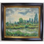 Follower of Achille Laugé. French riverscape with town. Oil on canvas laid on board. 69cm x 79cm.