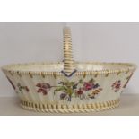 18th century English large porcelain basket of single handled oval form with basket weave effect