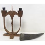 Carved oak candelabra, possibly Scandinavian, the twin sconces on carved branch, knopped column with