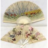 Late 19th/early 20th century ladies fan, the hand painted gauze leaf depicting a meadow of
