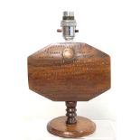Pitcairn Islands souvenir treen table lamp base, the octagonal lozenge body inset with a roundel