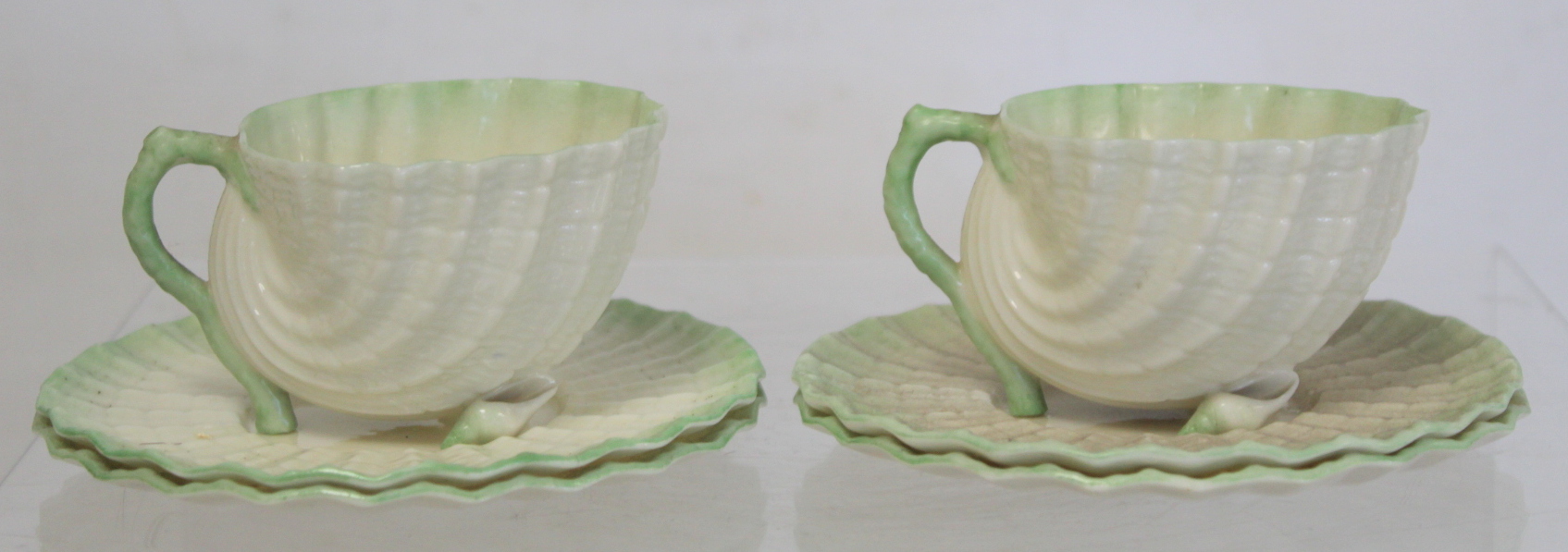 Belleek porcelain "Neptune" pattern part cabaret set of shell form with green borders, comprising: - Image 9 of 14