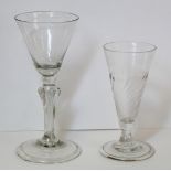 Antique wine glass, the funnel bowl on knopped six sided silesian stem and domed circular folded