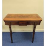 19th century fold over tea/card table, with a fold over top above an inlaid frieze drawer, on turned