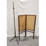 19th century ebonised wood pole screen stand on a tripod base; also a mahogany and silk two