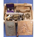 Box of miscellanea including carriage whip, metal plaque, brass stair rod clips, etc.