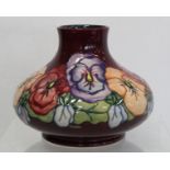 Modern Moorcroft Pottery "Pansy" pattern vase of squat baluster form, designed by Rachel Bishop,