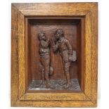 19th or early 20th century deep relief carved wooden panel depicting two boys smoking, entitled "