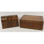Victorian burr walnut tea caddy of domed rectangular form with marquetry banding, the interior