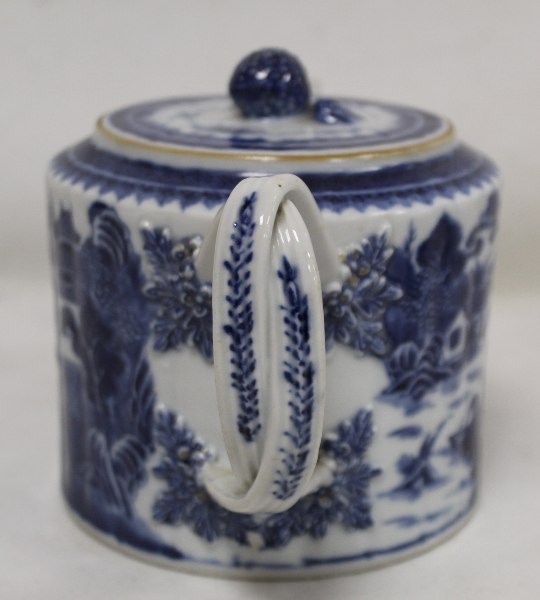 18th century Chinese blue and white porcelain teapot of reeded cylindrical form with entwined - Image 3 of 21