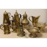 Collection of antique brassware including two brazier bowls; coffee pot; helmet jug, etc. Some items