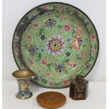 Chinese Canton enamel circular charger with floral decoration, a.f., 39cm diam.; cloisonné vase of