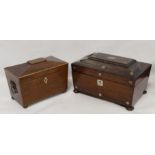Georgian mahogany tea caddy of sarcophagus form with twin ring handles, inlaid stringing and four