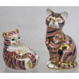 Two Royal Crown Derby "Imari" pattern paperweights in the form of a Cat, 13.5cm high and a Tiger