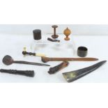 Small collection of treen items, including: small opium pipe with ivory mounts by Dickins Holborn