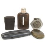 Small leather bound glass hip flask with silver collapsible beaker cap, 11cm high; a steel double