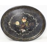 Victorian papier mâché black lacquer oval tray with polychrome painted floral decoration and