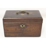 Georgian rosewood tea caddy of rectangular form with single brass swing handle, inlaid brass