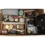 Box of miscellanea including: various snuff and trinket boxes; advertising items including