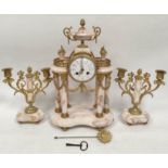 Belle Epoque period rose variagated marble and ormolu garniture du cheminee comprising a clock