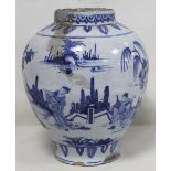 18th century blue and white Delft vase of baluster form decorated in the Chinese manner with