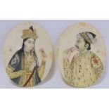Pair of Indian Mughal School watercolour paintings on ivory of a Maharaja and his wife, both