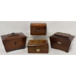 Two small Georgian mahogany tea caddies of sarcophagus form, the interiors with lidded compartments,