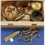 Twin handled copper karahi type cooking pot; set of brass kitchen hooks; brass and steel grater;
