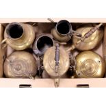 Box of brassware including kettles, etc.