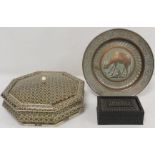 Indian Vizagapatam box of octagonal form decorated with micro mosaic star lattice work, 24cm wide; a