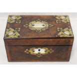 Victorian burr walnut tea caddy of rectangular form with crossbanded borders and applied brass and