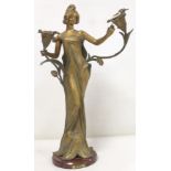 French Art Nouveau green and gilt patinated spelter lamp base in the form of a maiden in