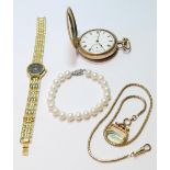 Elgin rolled gold hunter pocket watch on similar chain with gold and citrine swivel seal, a pearl