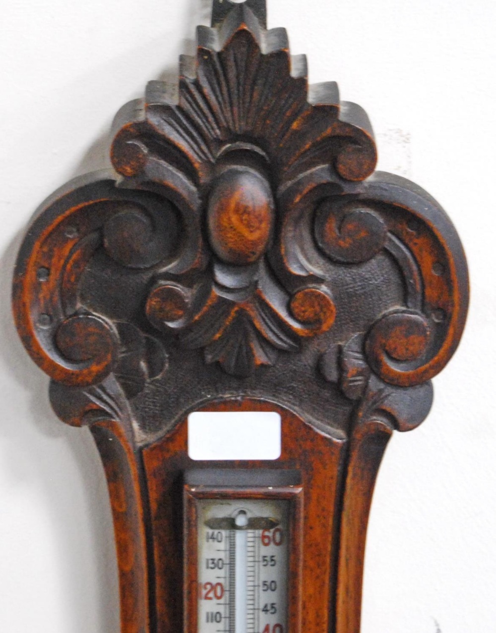 Edwardian oak banjo aneroid wall barometer with thermometer gauge above a circular dial, by T & E - Image 4 of 4