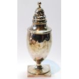 Silver sugar caster by Robert Hennell, 1789, of ovoid vase shape on spreading foot and square base,