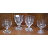 Four Regency-style glass rummers, each on a knopped stem, circular foot and square plinth, 12cm -