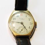 Gent's Waltham watch, nine jewels, in 9ct gold case, on strap, 1937.