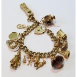9ct gold curb bracelet with various charms, mostly 9ct, 51g gross.