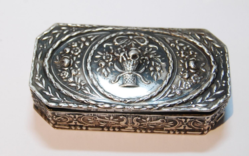 Silver rectangular box with embossed flowers and sprays, also a napkin ring.  (2) - Image 2 of 6