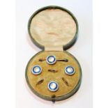 Set of four silver buttons, Birmingham 1910, in blue and white enamel with mother of pearl
