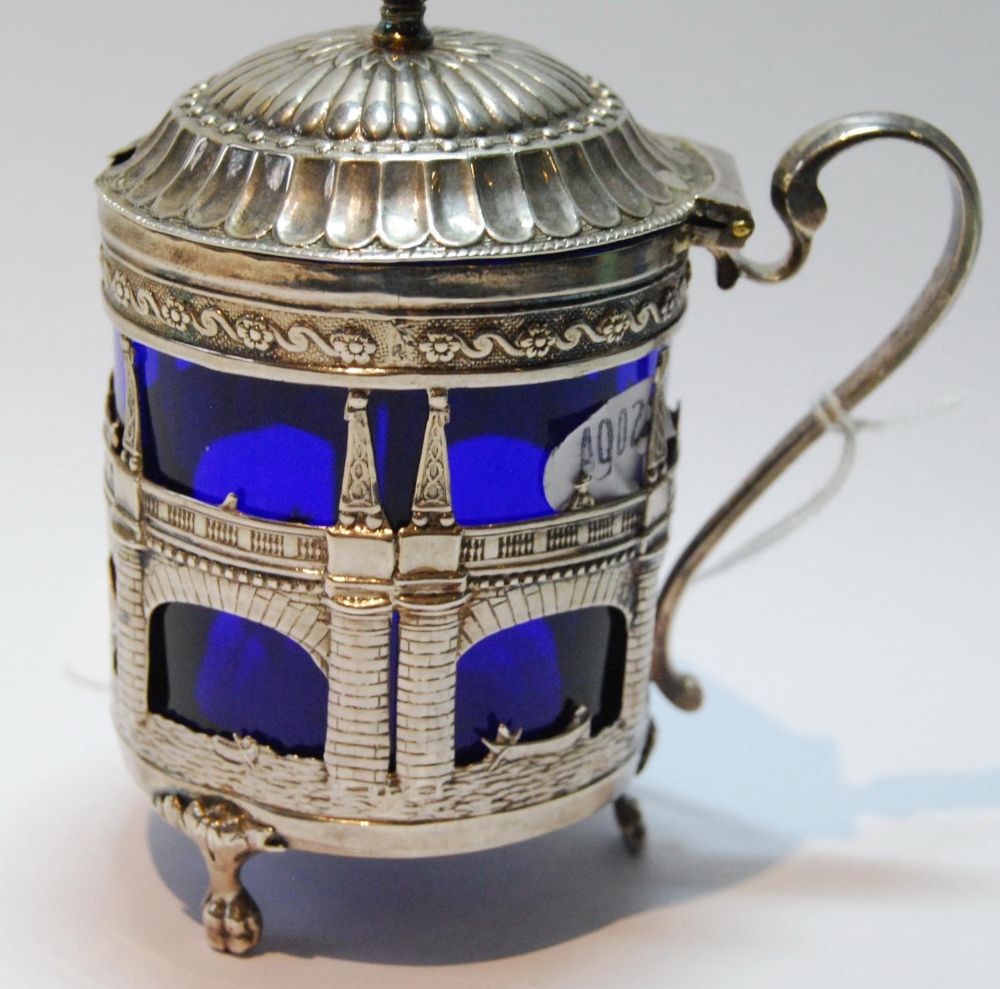 Dutch 19th century silver mustard pot, pierced and embossed with figures and carriages upon a - Image 4 of 9