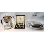 EP oval entrée dish and cover, a tyg cup, a fruit bowl, a set of six silver coffee spoons, cased,