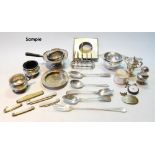Silver tea strainer and bowl, 1944, and a quantity of spoons and other items, some not silver,