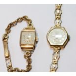 18ct lady's gold watch, '750', on 9ct gold bracelet and another, Rotary, on rolled gold bracelet.