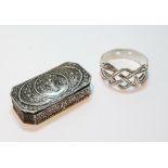 Silver rectangular box with embossed flowers and sprays, also a napkin ring.  (2)