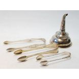 Silver wine funnel, 1801, sugar tongs, 1795, both by the Batemans, and two others, 168g or 5oz.