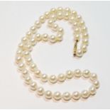 Single-row necklace of cultured pearls on gold snap.