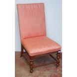 Victorian rosewood gossip-type chair upholstered in later pink fabric, on fluted supports with